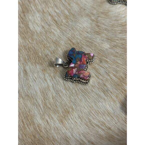 Native American SW Sterling Silver Pink Dahlia Turquoise Cow Bull Steer Pendant - Picture 3 of 8